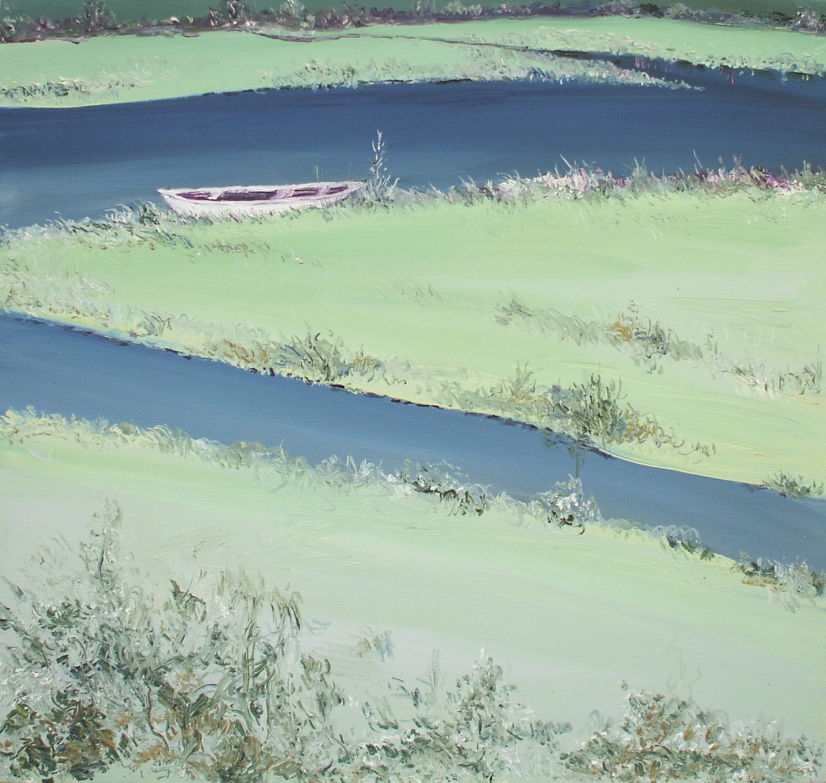 River Banks and A Boat - Oil paining by Animesh Roy