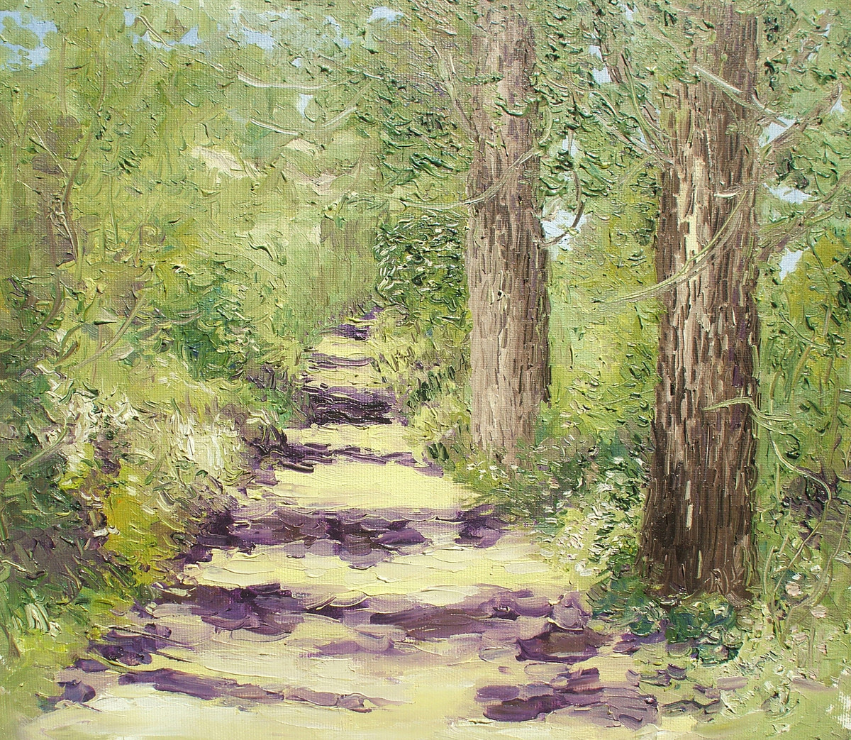 Sunlit Path with Two Populars-V - Oil paining by Animesh Roy