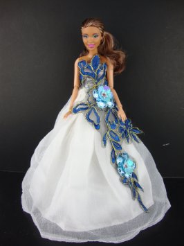 White Gown with Large Blue Applique Flowers Made to Fit the Barbie Girls Doll